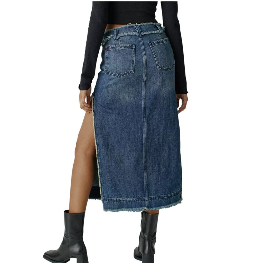 URBAN OUTFITTERS BDG HOLLY DENIM MIDI SKIRT POCKETS Y2K 90'S RAW EDGE NWOT S - Picture 5 of 11